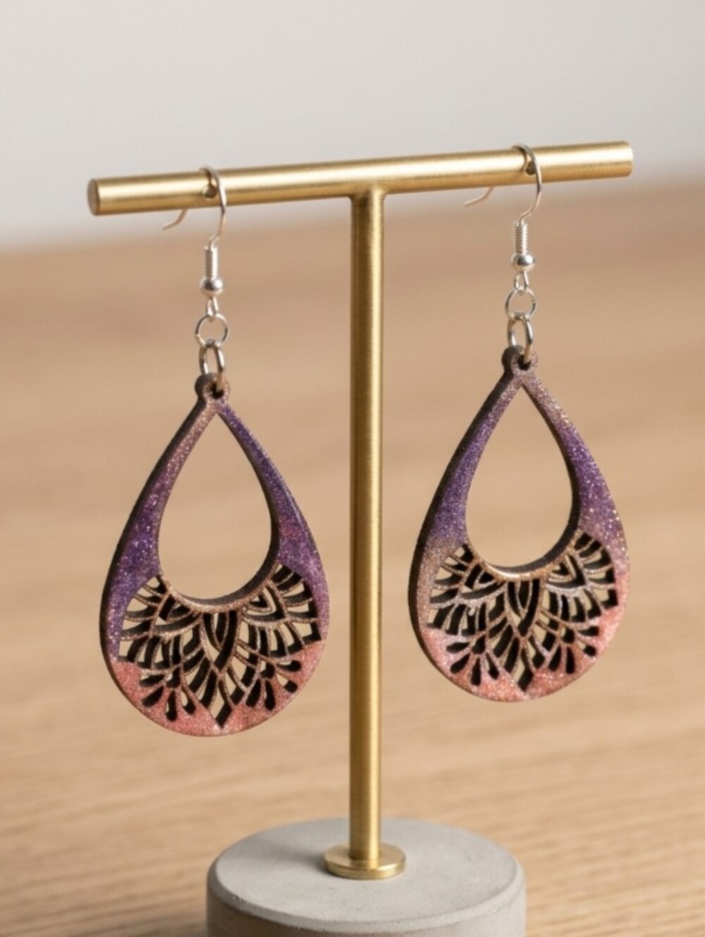 Handcrafted Purple & Pink Wooden Filigree Teardrop Earrings | Hypoallergenic